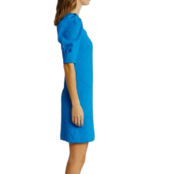 Lilly Pulitzer Feona Teal Bay Knit‎ Jacquard Puff Sleeve Dress Size M - Picture 4 of 14